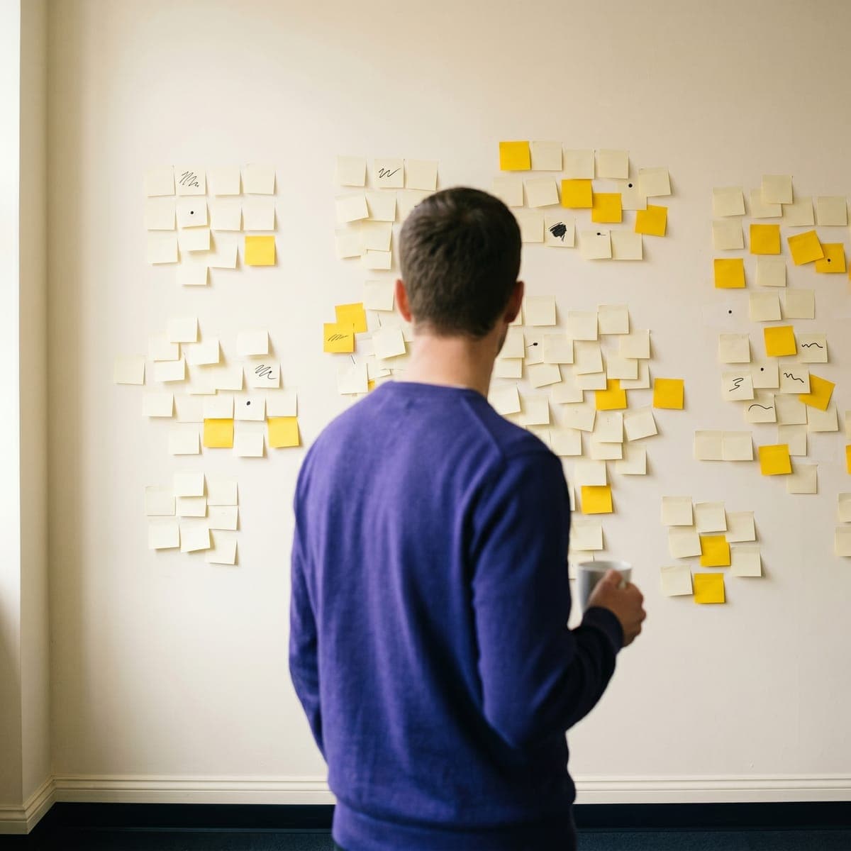 Personne en pull indigo de dos, café à la main, face à un mur couvert de post-its cream et jaunes.