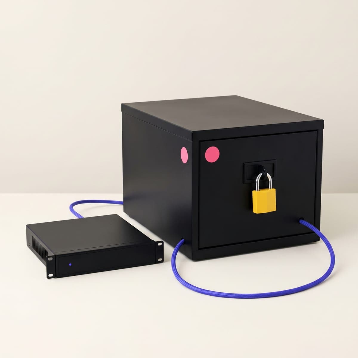 Classeur noir verrouillé par un cadenas jaune, relié à un petit serveur rack par un câble indigo.