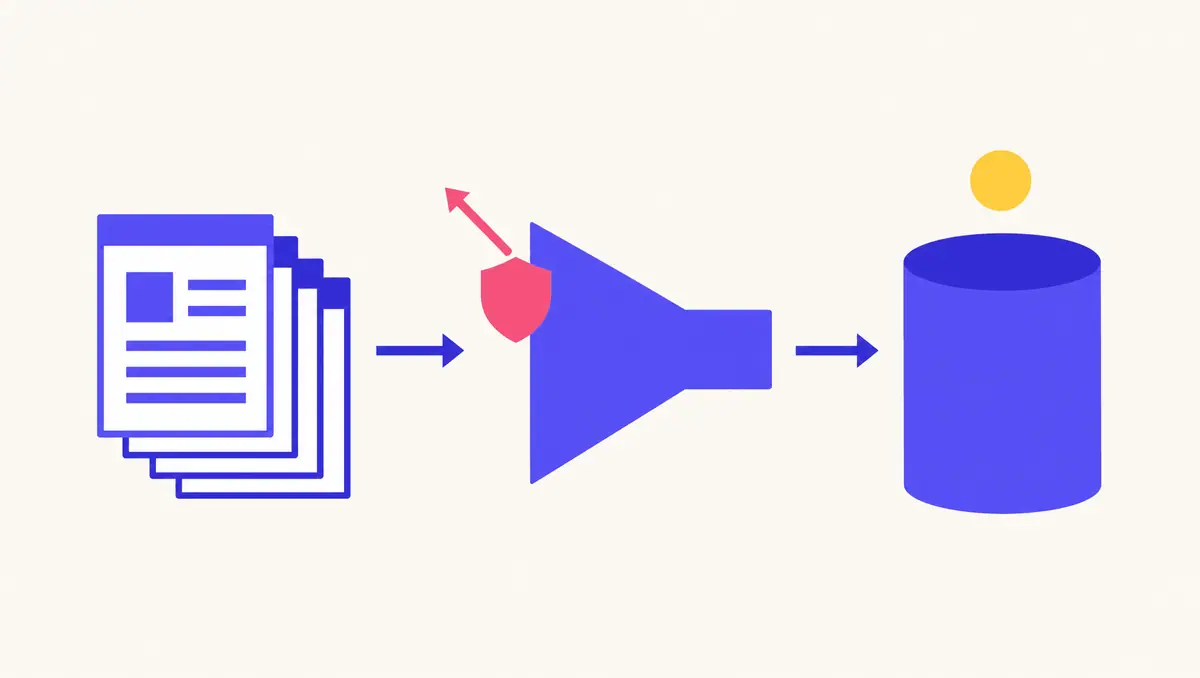 Des cartes de pages indigo passant par un entonnoir vers un cylindre de base de données indigo, un petit bouclier pink déviant une flèche et un point yellow en statut : un pipeline de scraping qui tient sous pression.