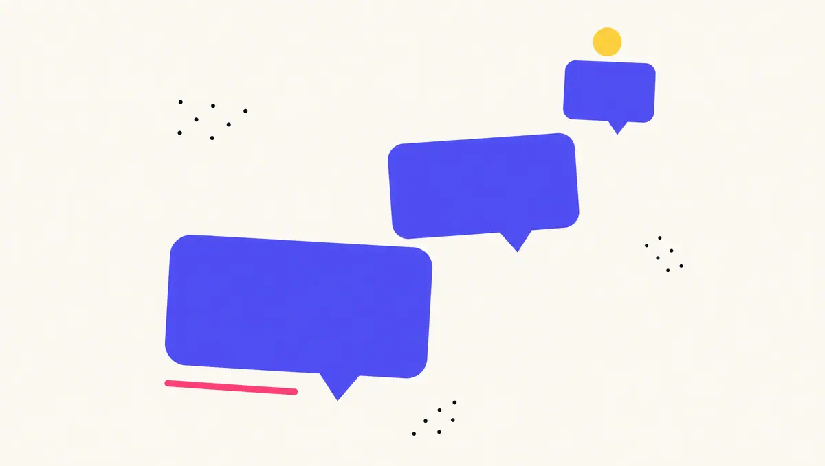 Trois bulles de dialogue indigo en chaîne diagonale, un point yellow au-dessus de la plus petite — un site qui répond enfin.