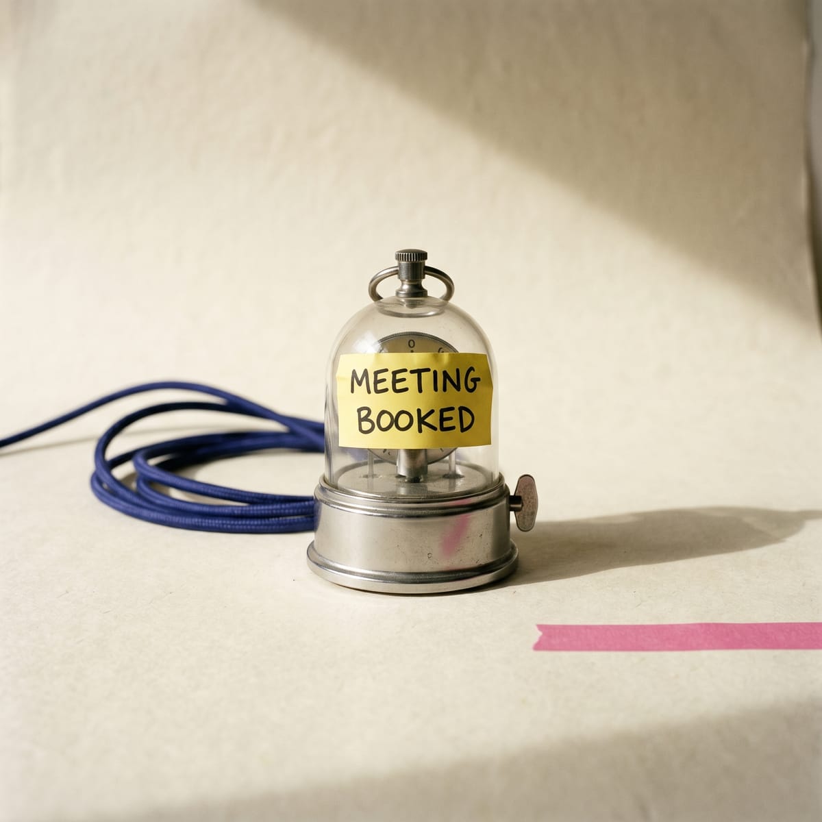 Cloche en verre avec un post-it ‘meeting booked’