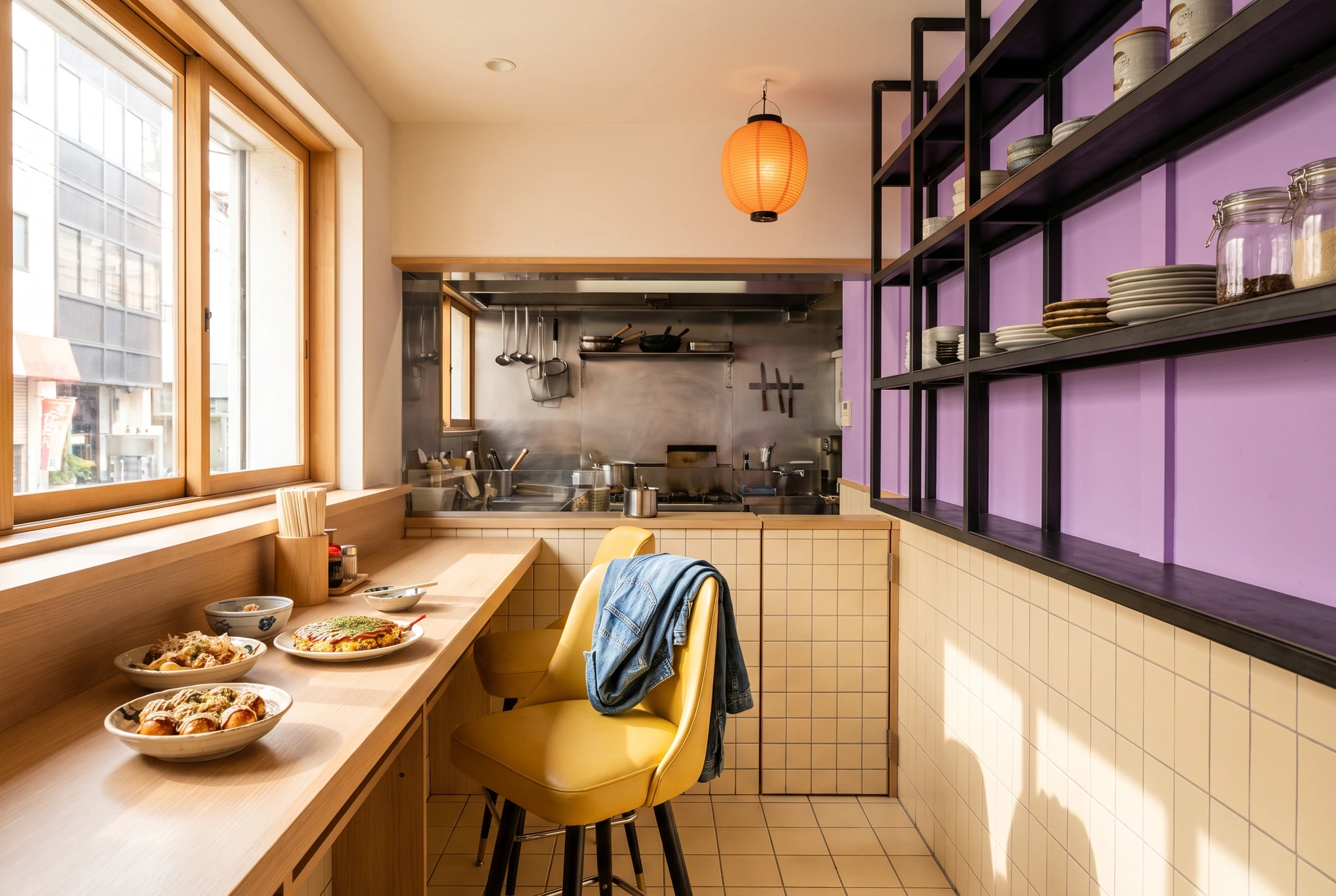Sunny urban Japanese restaurant counter with yellow, orange and light wood details