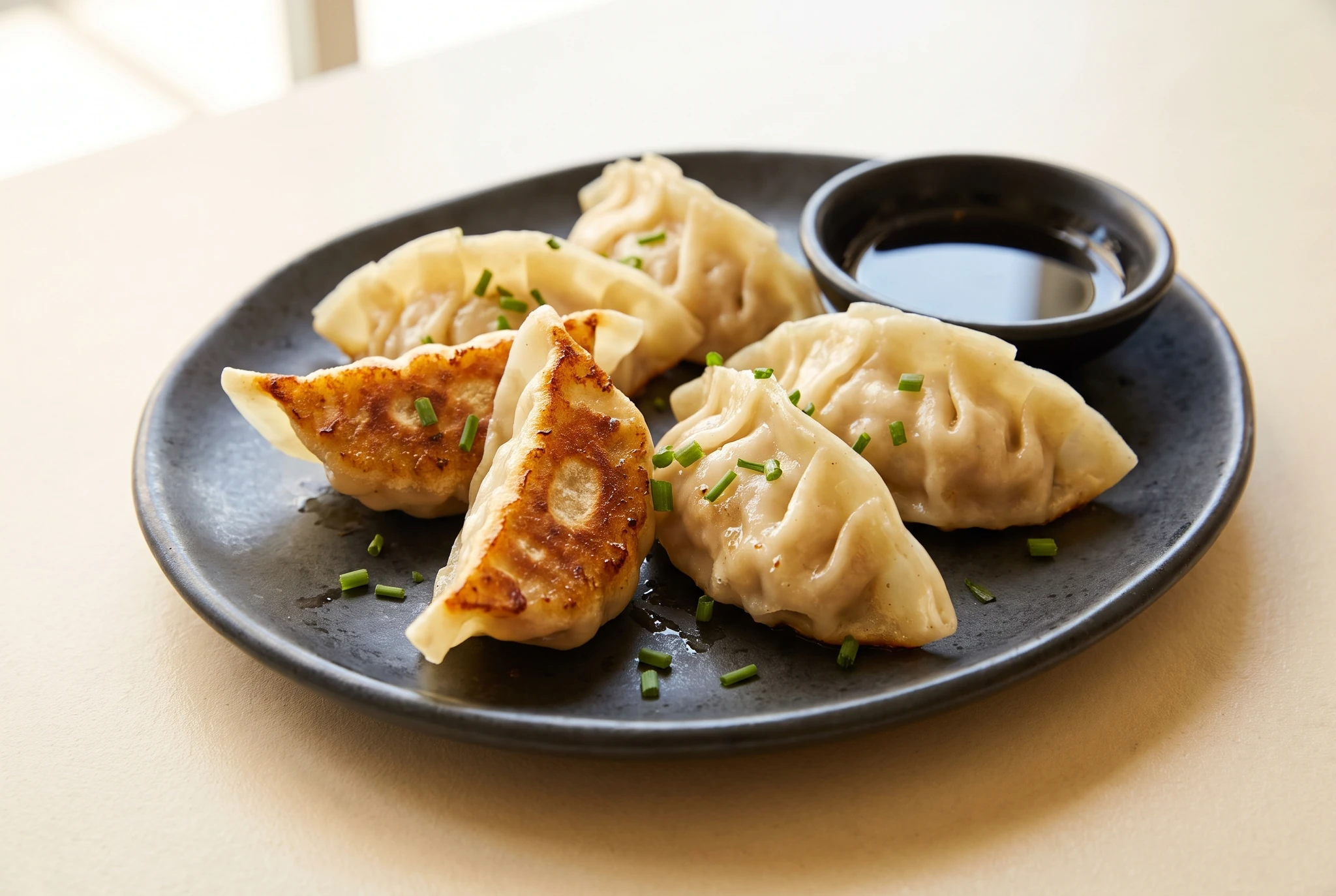 Six golden pan-fried Japanese gyozas with dipping sauce