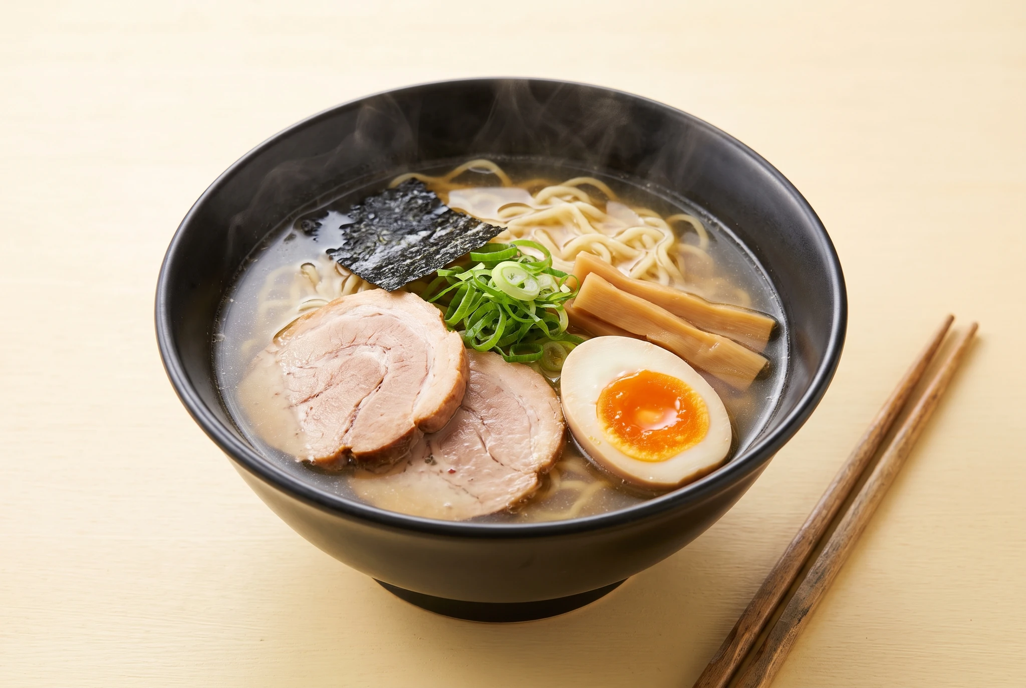 Bowl of miso ramen with noodles, pork, marinated egg and spring onion