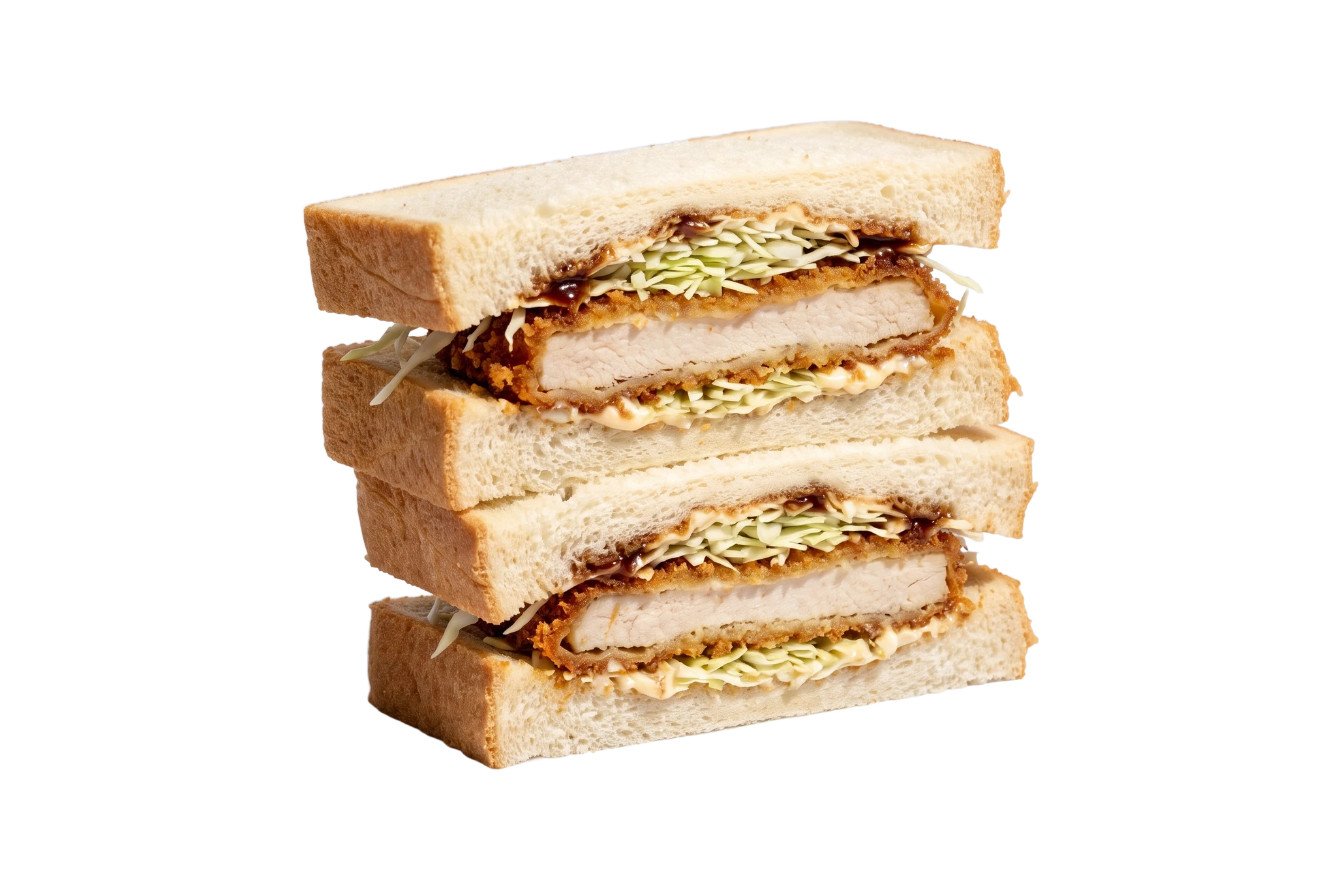 Japanese crispy chicken sando with finely shredded cabbage and sauce in soft white bread